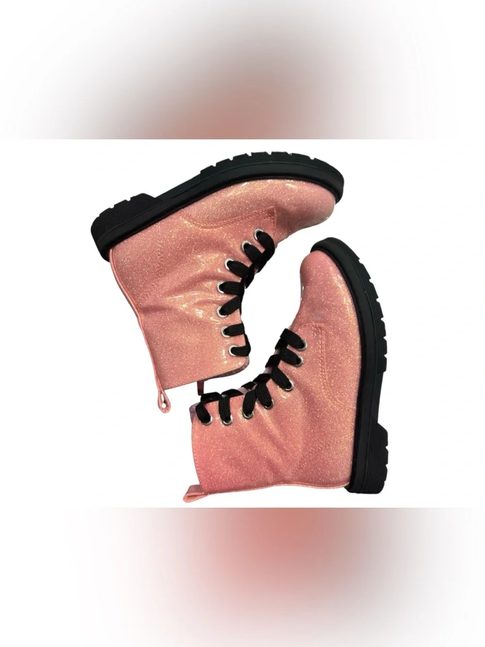 Thereabouts Girls Pink/Black Glitter Lace-Up Ankle Combat Boots Round Toe US 11M